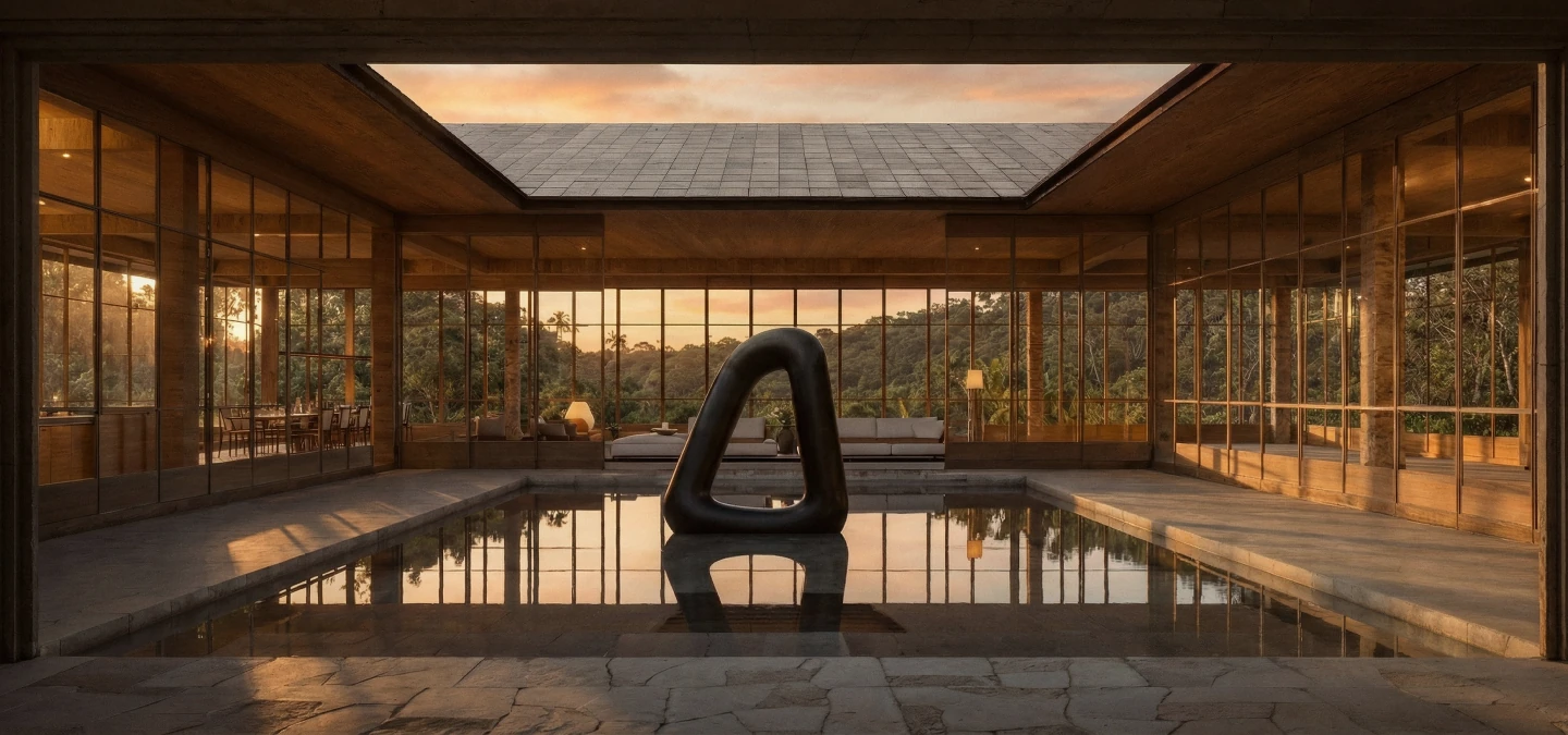 Reflecting pool and sculpture framed by an open pavilion at sunset